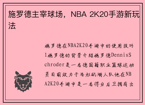 施罗德主宰球场，NBA 2K20手游新玩法